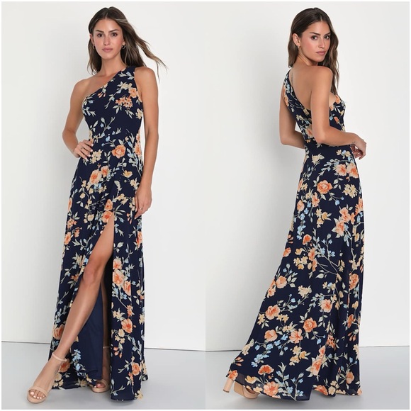 Lulus Dresses & Skirts - LULU’S Elegant Admiration Navy Blue Floral One Shoulder Maxi Dress